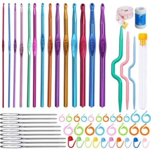Nonvor 59 Pcs 0.07-0.39 inch Aluminum Crochet Needle Accessories Kit Large Eye Blunt Needles Marking Clips Tools for Yarn Craft