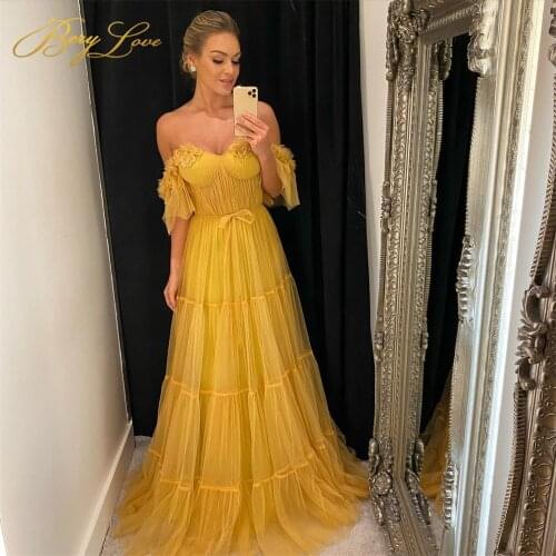 Berylove A line Prom Dress off Shoulder Sweetheart Long Party Dress Pleated Tulle Tiered Evening Dresses Vestidos Party Gown