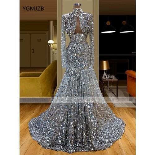 Sparkly Silver Sequin Dubai Women Formal Evening Dresses 2021 Mermaid High Neck Long Sleeves Prom Party Gowns Custom Made