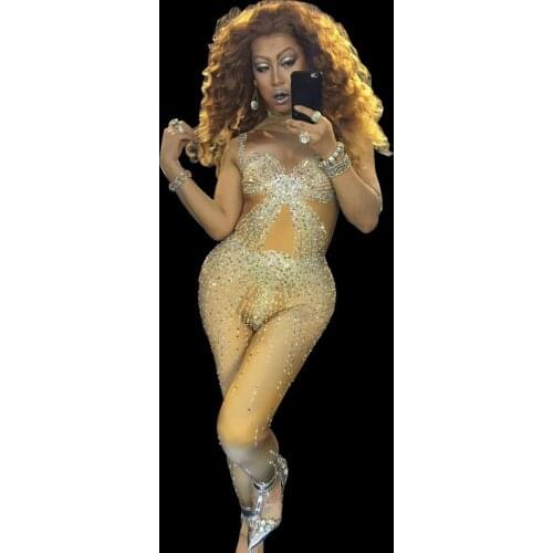 Sparkly Rhinestones Skin Color Stretch Jumpsuit Female Singer Nightclub Stage Outfit Party Birthday Celebration Dance Costume
