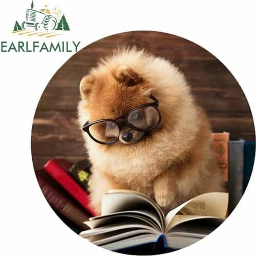 EARLFAMILY 13cm for Pomeranian Dog Reading Book Creative Car Sticker DIY Anime Fashion Occlusion Scratch VAN SUV Decals