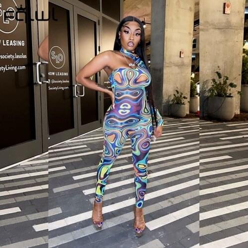 FQLWL Summer Streetwear One Shoulder Long Sleeve Outfits Jumpsuits Fashion Tie Dye Print Bodycon Casual Jumpsuits Women 2021