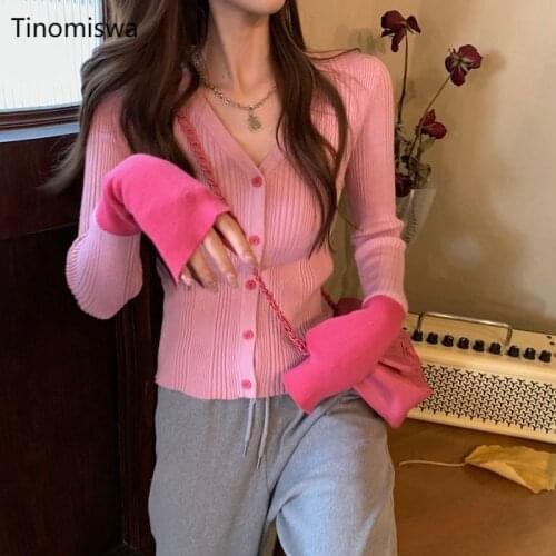 Fashion Knitted Women Cropped Cardigan Long Sleeve V-Neck Sweater Spring 2021 New Sweet Thin Cardigans Solid Slim Cardigan A350