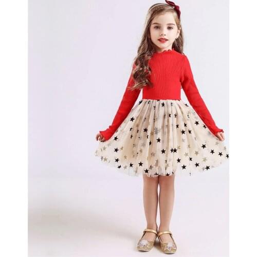 New Year Costume For Girls Xmas Party Dresses Red Stripe Sequined Mesh Tutu Dress Full Sleeve Autumn Winter Kids Girl Clothing