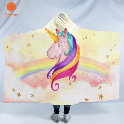 3D Printed Cute Rainbow Unicorn Hooded Blanket for Adults Kids Gothic Sherpa Fleece Wearable Throw Art Blanket Bedding