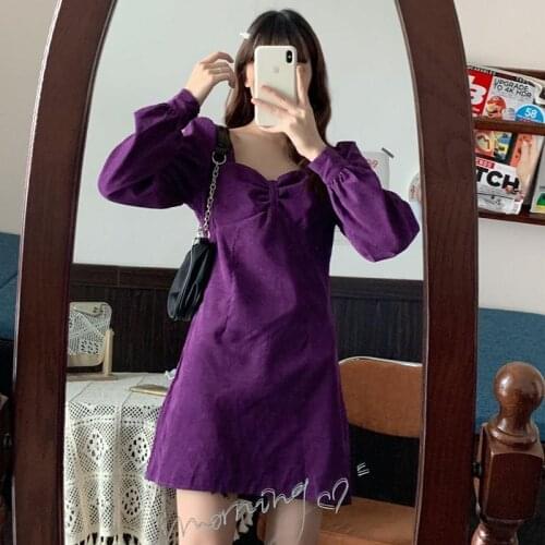 Dresses for Women Large Size New Retro Purple Square V-neck Dress Long Sleeve Vestido De Mujer