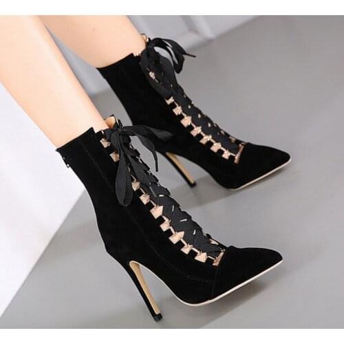 High Quality Gladiator Women Pump Genova Stiletto Sandal Boot Pointed Toe Strappy Lace Up Pumps Shoes Woman Sandals 12CM