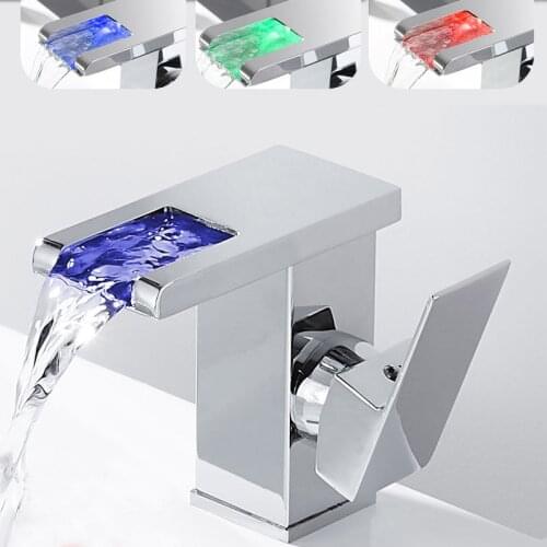 Bathroom Sink Black LED Waterfall Faucet RGB Color Change Hot And Cold Basin Faucet Brass Mixer Tap Sink Faucet Toilet Taps