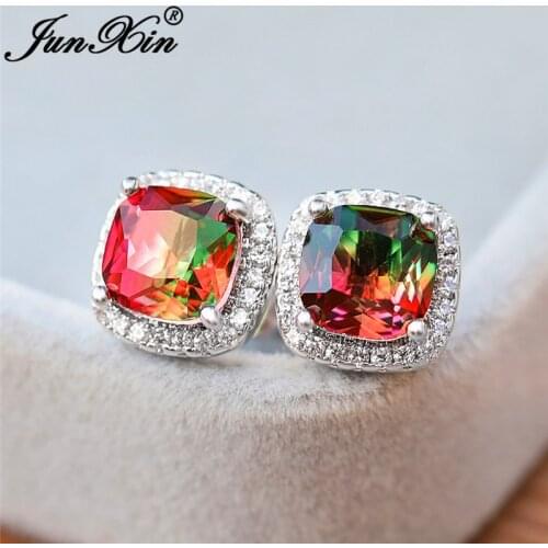 Female Mystic Rainbow Fire Crystal Princess Square Earrings White Gold Rose Gold Red Green Zircon Stud Earring For Women Wedding