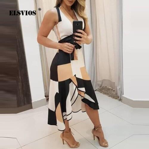 Sleeveless Printing Irregular Sundress Summer Womens Fashion Waist Slim Holiday Midi Dress Office Lady V-Neck Elegant Vestidos