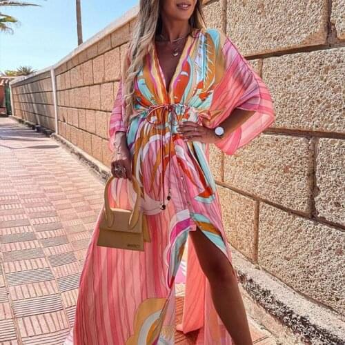 2021 New Sexy Slim Split Hem Maxi Dress Elegant Elastic Waist V-neck Button Beach Long Dress Women Print Deep Boho Dresses