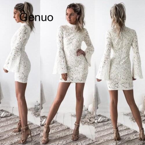 Women Long Sleeve Autumn Stand Collar Lace Floral Sheath Zipper Flare Sleeve Femme Vestidos Dresses Popular Mini Dress