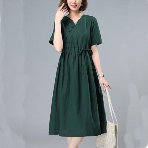 2020 Summer New Retro Cotton And Linen Short-Sleeved Dress Female Casual Slim Vintage V-Neck Loose Ladies Fashion Dresses 30792