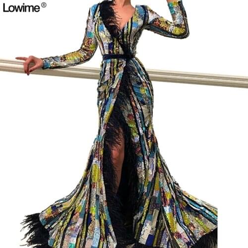 Fashion Design Bling Long Prom Dresses 2019 Mermaid Long Sleeve Formal Sequined Evening Party Gowns Feathers Robe De Soiree