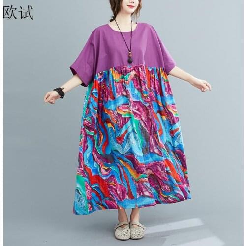 Plus Size Floral Vintage Summer Dress Women Patchwork Cotton Ladies Dresses 4xl 5xl 6xl 2021 Oversized Woman Long Loose Dress