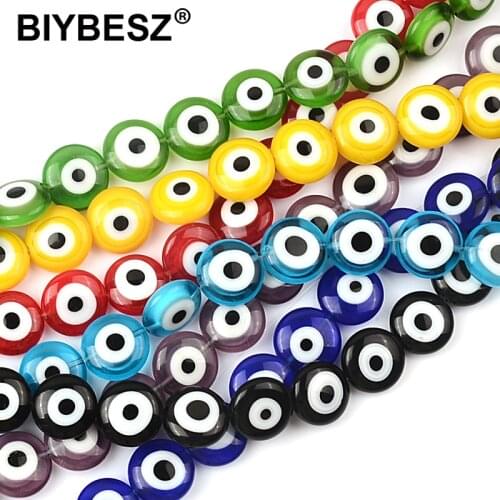 12mm Multicolor Round Flat Shape Evil Eye Beads Lampwork Glazed Glass Beads for Bracelet Necklace DIY Jewelry Making