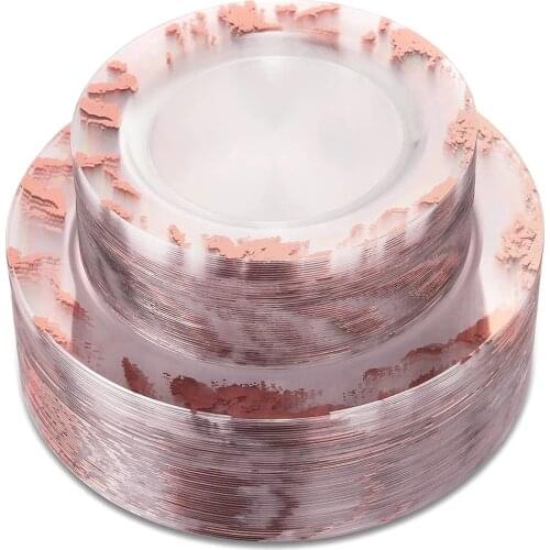 20 Transparent Rose Gold/Transparent Gold Plastic Plate Marble Pattern Disposable Dinner Plate Suitable for Weddings and Parties
