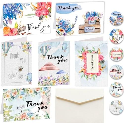 6sets Flower Thank You Cards Hot Air Balloon Gift Postcard with Envelopes Stickers Wedding Party Invitation Greeting Cards