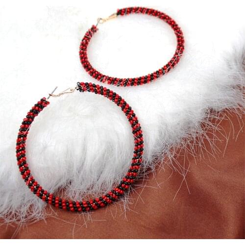 Bohemia Black Red Beads Handmade Big Hoop Circle Earrings for Women Female Beach Beaded Boho Hoop Earrings Statement Brincos