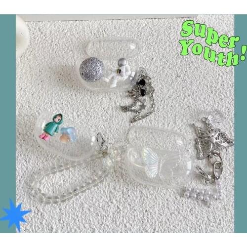 For Beats Studio Buds Earphone Case Butterfly Transparent Earphones Cover For Beats Studio Buds PC Shell with Pearl Chain