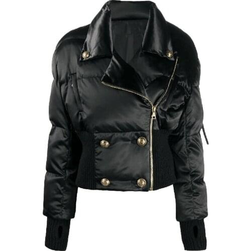 Black Short Thick Down Jacket Women 2020 Winter New Oblique Zipper ElasticThread Waist Turn-down Collar Ladies Down Jackets Coat