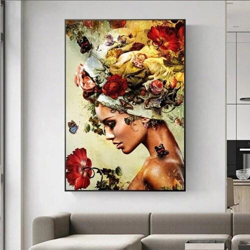 Flower Women Poster Sexy Coloful Lady Profile Floral Canvas Painting Wall Art Decor for Living Room