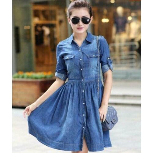 Demin Women Gilrs Autumn Spring Buttons Blue Jean Dress Knee high Slim