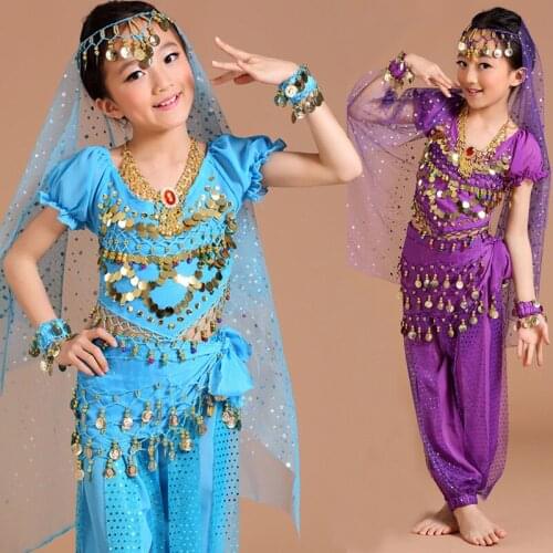5PCS Set Kid Belly Dance Costumes for Girls Stage Show Sets Girl Sequins Belly Dancing for Girl Indian Bollywood Dance Suit