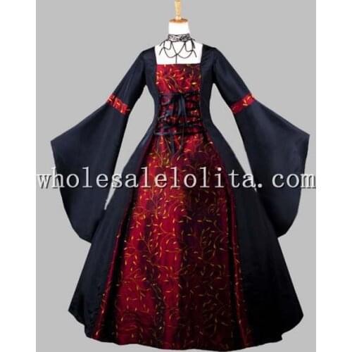 Gothic Black and Dark Red Print Kimono Sleeves Victorian Era Dress