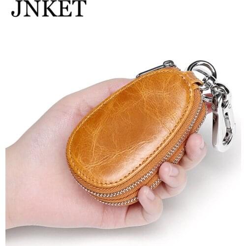 JNKET New Retro Cow Leather Keychain Bag Key Case Double Zipper Key Bag Hanging Key Holder