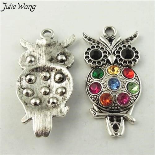 Julie Wang 8PCS Tibetan Silver Tone Color Base Black Rhinestone Eye Colorful Crystal Decored Owl Shape Cute Animal Pendant Charm