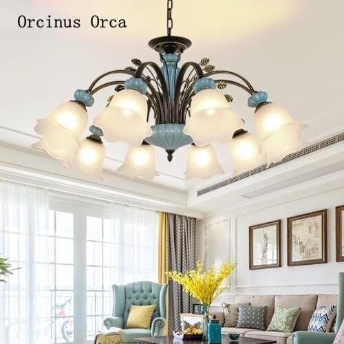 American Rural blue ceramic living room chandelier warm bedroom restaurant creative retro European Chandelier