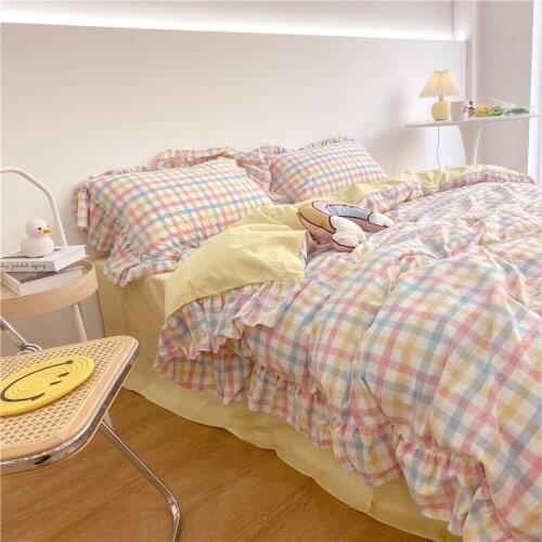 Plaid Bedding Set Floral Printed Ruffle Bed Linen Cotton Bedspread Pillowcase Duvet Cover US King Queen Size Bedding Sets 4Pcs
