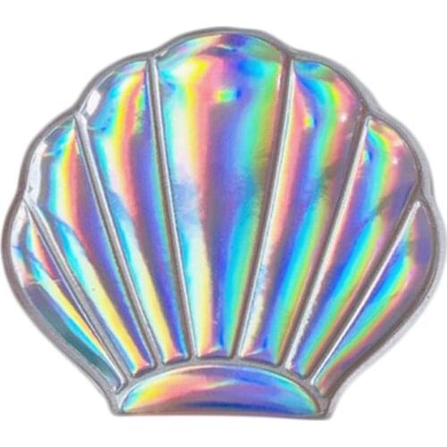 Creative Sea Shell Shaped Holographic Rainbow Colored Magnifying Compact Cosmetic Double Sided Folding Pocket Mirror Portable