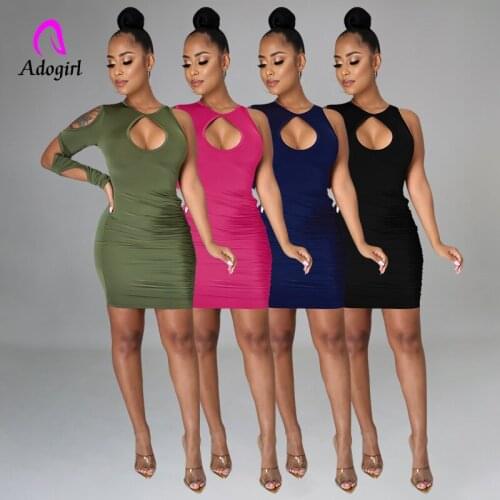 Solid Color 2021 New Spring Women Mini Dress Sexy One Shoulder Hollow Out Skinny Dresses Sheer Night Club Party Bodycon Vestidos
