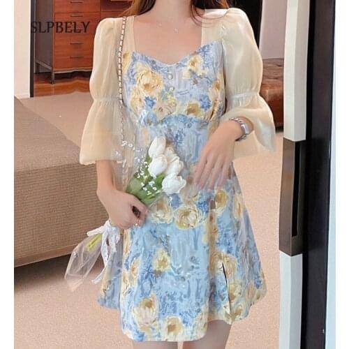 SLPBELY Women Casual Floral Women Dress Summer French Square Collar Mini Dress Puff Sleeve High Street Aline Ladies Dresses 2021