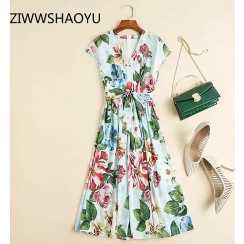 ZIWWSHAOYU Summer Female Multicolor Floral Print V-Neck Dress Runway Designer Bow Belt Sleeveless Vintage Midi Dresses Vestidos