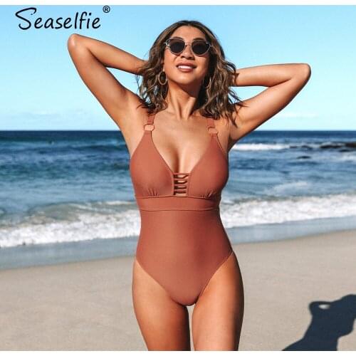 SEASELFIE Rust O-ring Hollow Out One-piece Swimsuit For Women Sexy V-neck Monokini Swimwear 2021 Beach Bathing Suit Beachwear