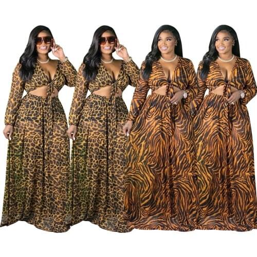 Leopard Print Sexy Women Clubwear Two Pieces V-neck Lace-up Crop Tops Floor-length A-line Skirts Ladys Plus Size Summer Sets