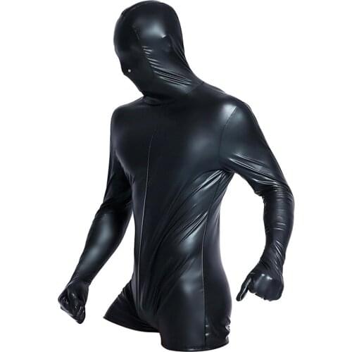 Men PVC Leather Catsuit Sexy Lingerie Faux Leather Night Club Bodysuit Gay Fetish Hooded Jumpsuit Zipper Erotic Wear Costumes