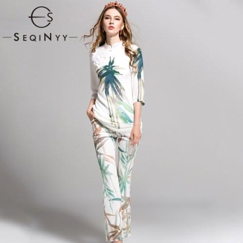 SEQINYY Slim Set 2020 Spring Autumn Fashion Design Cheongsam Half Sleeve Long Blouse + Long Pants Green Bamboo Leaf Print Suit