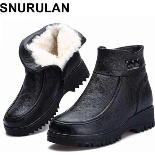 SNURULAN New Winter Ankle Boots Women Snow Boots Natural Wool Genuine Leather Wedge Platform Heel Zipper Warm Short BootsE027