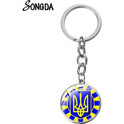 Ukraine Flag Trident Pendant Keychain Ukrainian Souvenir High Quality Transparent Glass Cabochon Key Chain Car Bag Accessories