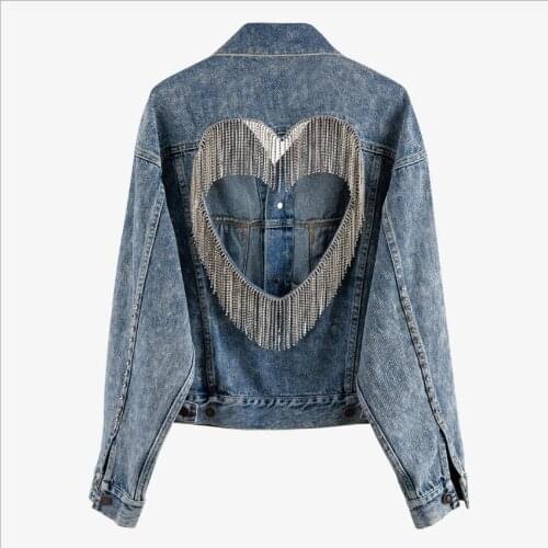 Factory outlets Loving chain tassel cutout halter baggy loose denim jackets female bat sleeve diamond beading denim jacket F1627