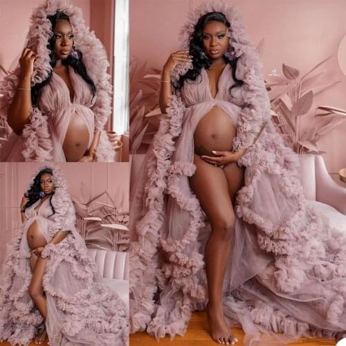 Bridal Women Tulle Sleepwear Tiered Ruffles Long Sleeve Nightdress For Pregnant Wedding Party Evening Dress Wear Photo