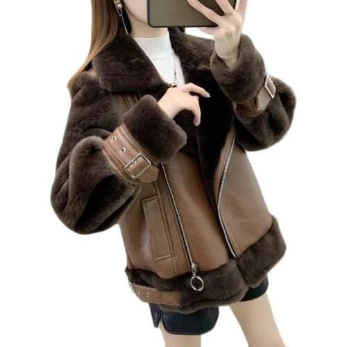 Plus Size Womens Lamb Leather One-piece Jacket Autumn 2021 New Short Thick Warm Winter Outerwear Fashion Woolen Coat Tide 5XL