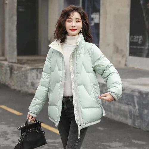 Female Cotton-padded Jacket Shiny Down Cotton Padded Pocket Keep Warm Jacket Korean Style Loose Stand Collar Thick Coat Winter