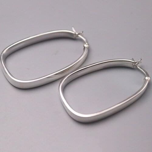 Real S925 Sterling Silver Earrings Women Luck Rectangle Hoop Earrings 38x24mm Best Gift