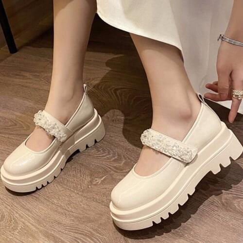 2021 Big Size Women Mary Janes Platform Shoes Spring Autumn Ladies Round Toe String Bead Shoes Female Lolita Style Flats Shoes