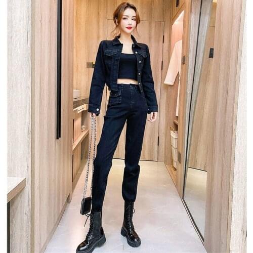 Women 2021 Spring Autumn Fashion Casual Set Female Long-sleeved Denim Jacket + High-waist Jeans Pants Two-piece Outfits B197